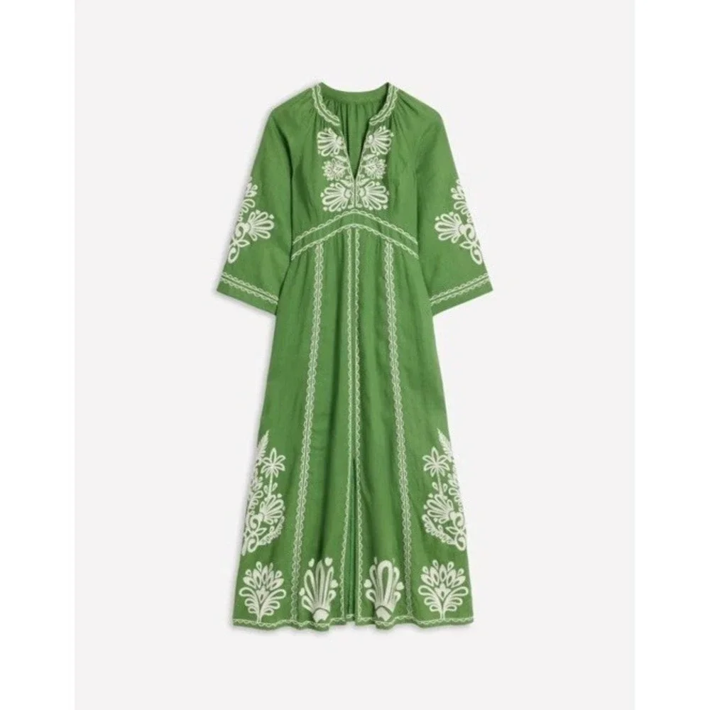 Boden Una Linen Embroidered Maxi Dress US Sz 6 R Green Embroidered Pockets - Picture 3 of 7